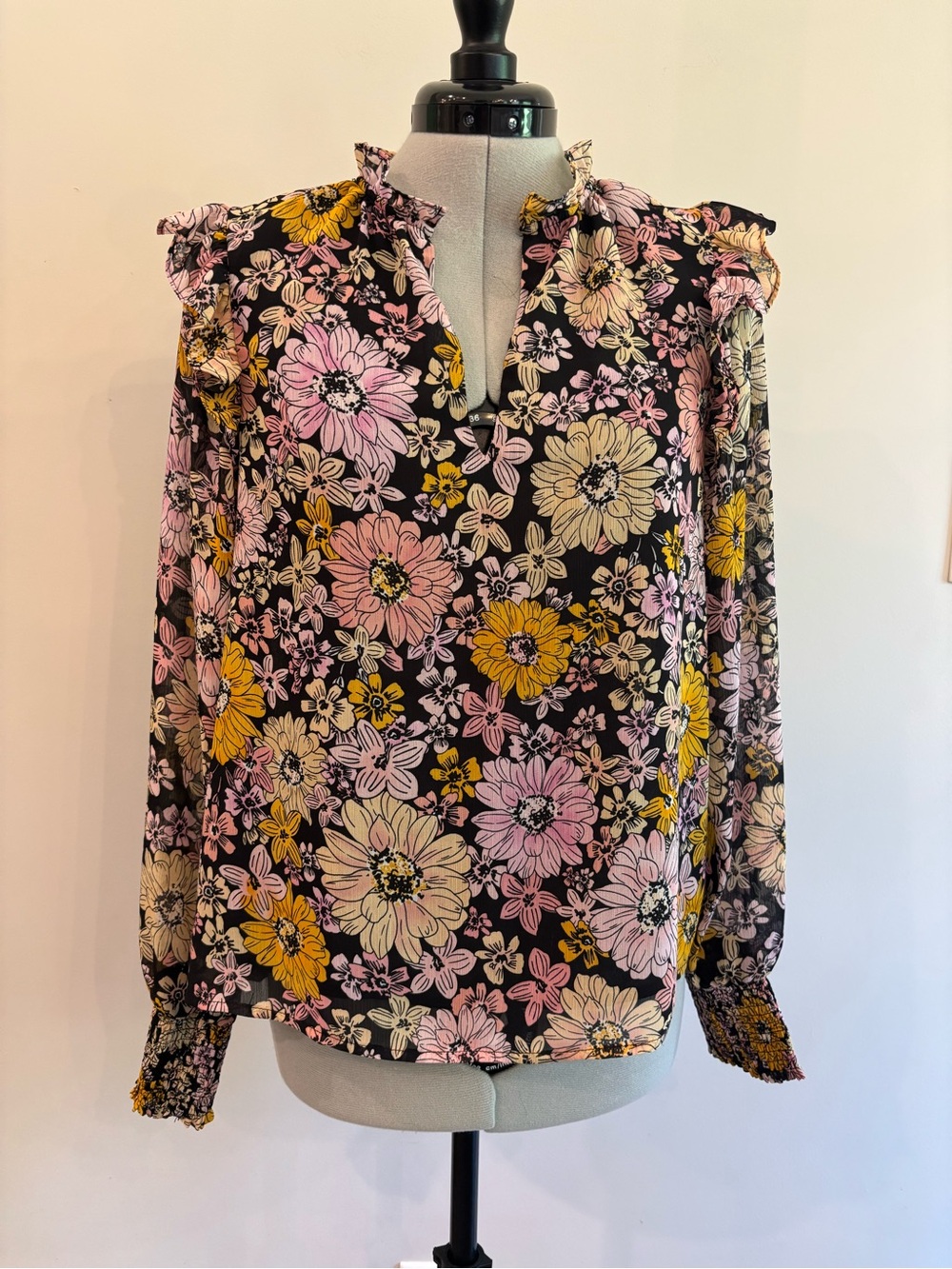 BB Dakota Floral Ruffle Neck Blouse in Black, Pink & Yellow 0191